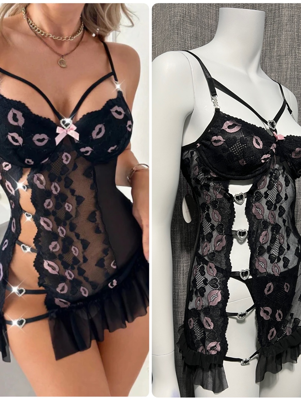Avidlove Black Mesh Lip Print Strappy Accent Chemise Babydoll S (4-6) NWT